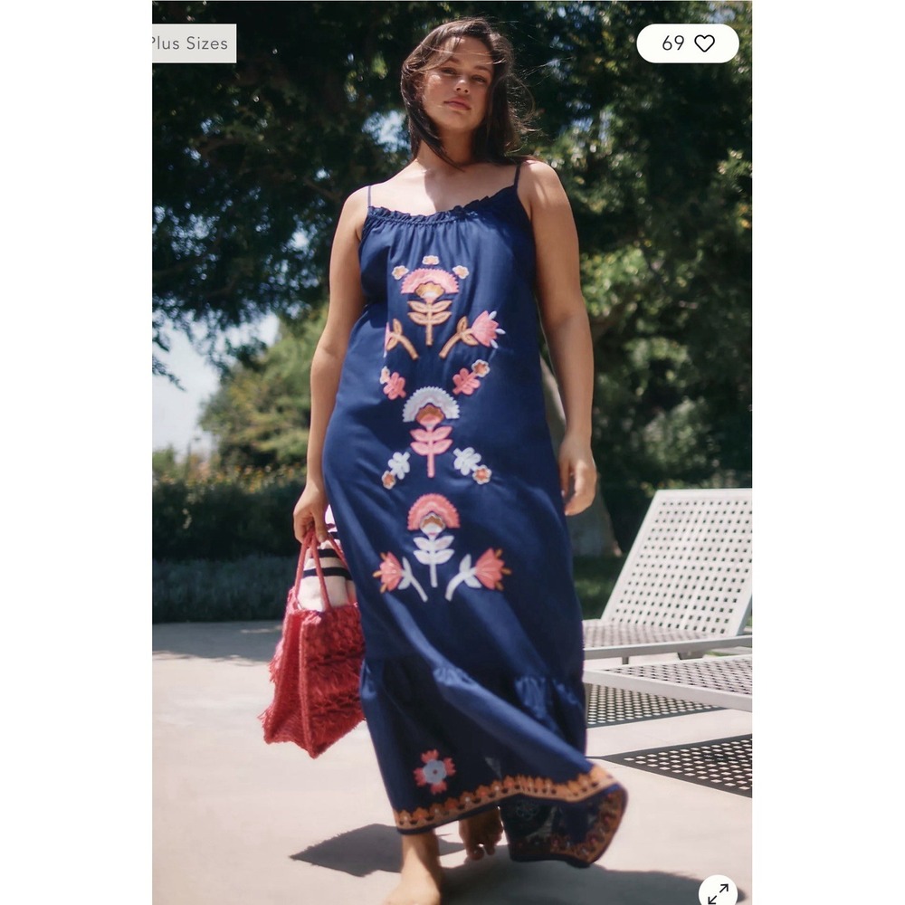 Anthropologie XS Blue Malika Maxi Dress Embroidery Adjustable Straps Low Back